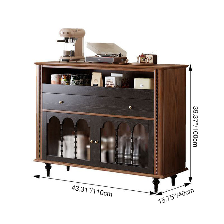 Traditional Vintage Rubberwood Striped Glass Pine Wood Solid Wood Multi-Layer Board Rectangular Sideboard 1-Drawer For Dining Room