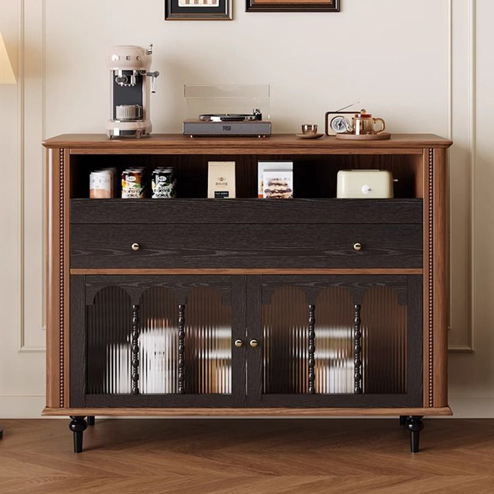 Traditional Vintage Rubberwood Striped Glass Pine Wood Solid Wood Multi-Layer Board Rectangular Sideboard 1-Drawer For Dining Room