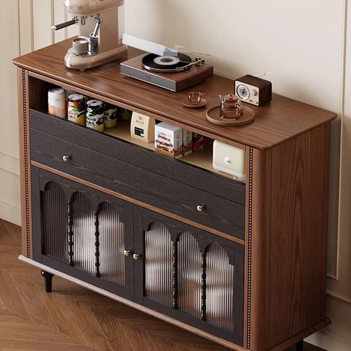 Traditional Vintage Rubberwood Striped Glass Pine Wood Solid Wood Multi-Layer Board Rectangular Sideboard 1-Drawer For Dining Room