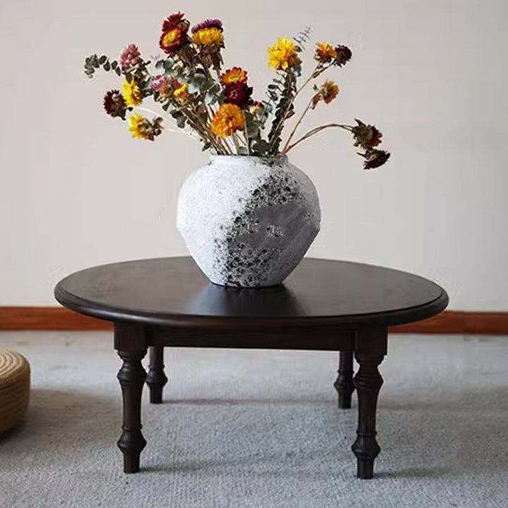 Table basse ronde en bois de pin de style shabby chic moderne, 1 niveau, pour baie vitrée et salon 
