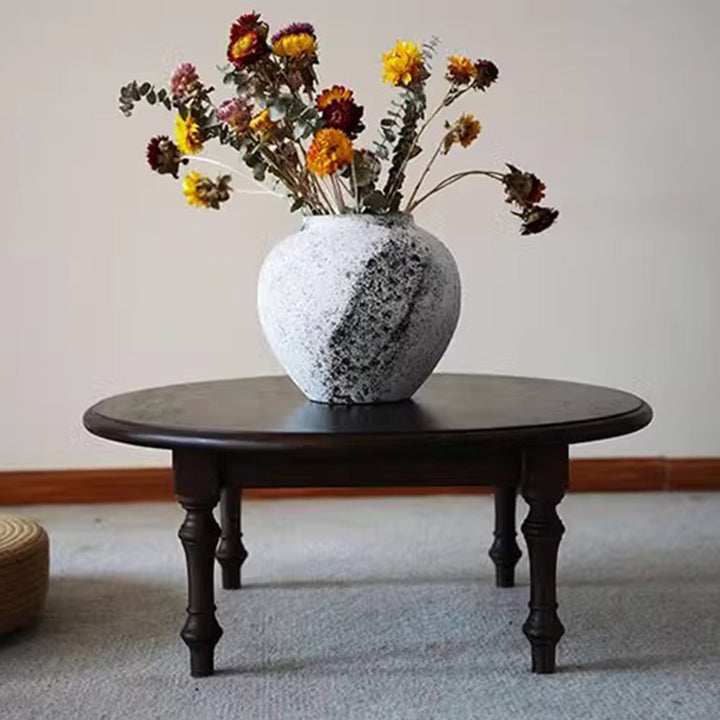 Table basse ronde en bois de pin de style shabby chic moderne, 1 niveau, pour baie vitrée et salon 