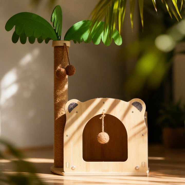 Traditioneller rustikaler mehrschichtiger Brett-Sisal-Seil-Kokosnussbaum-Katzenturm 1-Schrank für das Wohnzimmer 