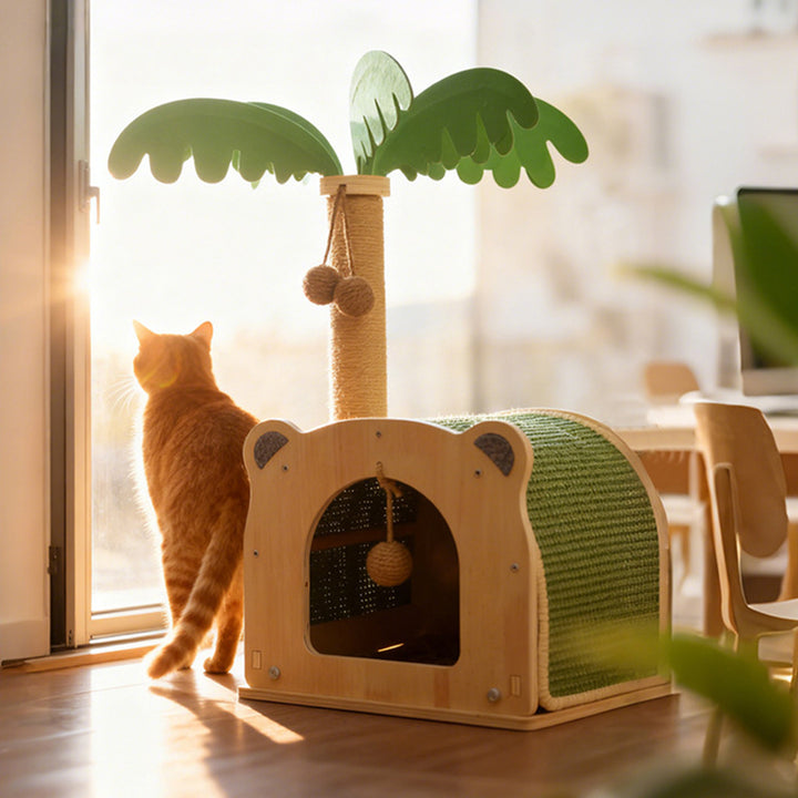 Traditioneller rustikaler mehrschichtiger Brett-Sisal-Seil-Kokosnussbaum-Katzenturm 1-Schrank für das Wohnzimmer 