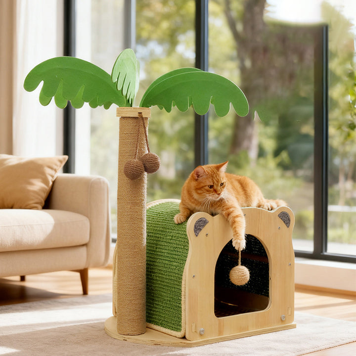 Traditioneller rustikaler mehrschichtiger Brett-Sisal-Seil-Kokosnussbaum-Katzenturm 1-Schrank für das Wohnzimmer 