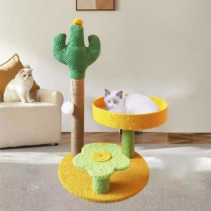 伝統的なラスティックサイザルロープMDFファブリックサボテン爪とぎ猫タワー3段階リビングルーム用 