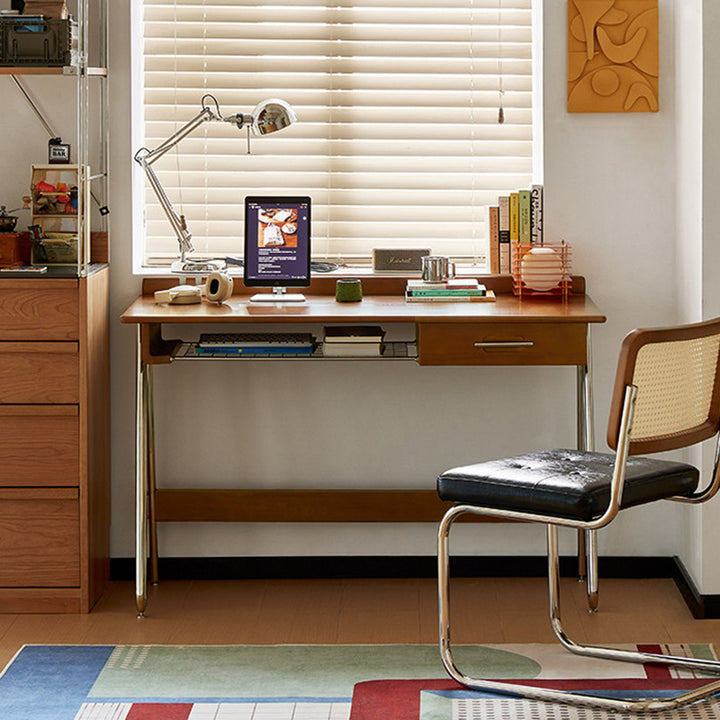 Escritorio rectangular de acero inoxidable con cajón de madera maciza de boj vintage tradicional de múltiples capas para oficina en casa 