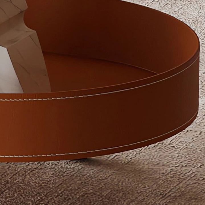 Zeitgenössischer skandinavischer ovaler Couchtisch aus Edelstahl mit Sattelleder und PVC-Panel, 2-stufig, für das Wohnzimmer 