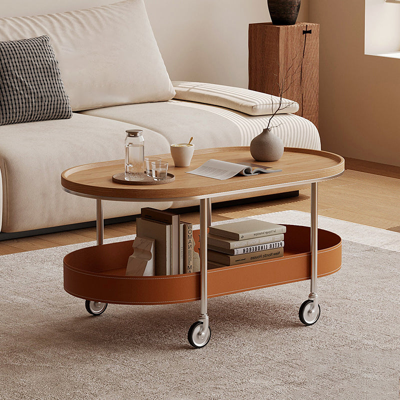 Zeitgenössischer skandinavischer ovaler Couchtisch aus Edelstahl mit Sattelleder und PVC-Panel, 2-stufig, für das Wohnzimmer 
