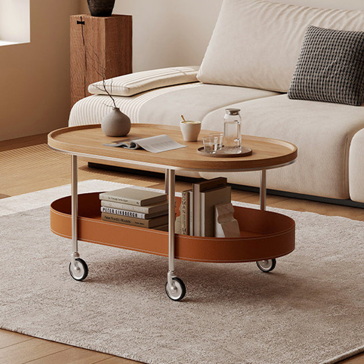Zeitgenössischer skandinavischer ovaler Couchtisch aus Edelstahl mit Sattelleder und PVC-Panel, 2-stufig, für das Wohnzimmer 
