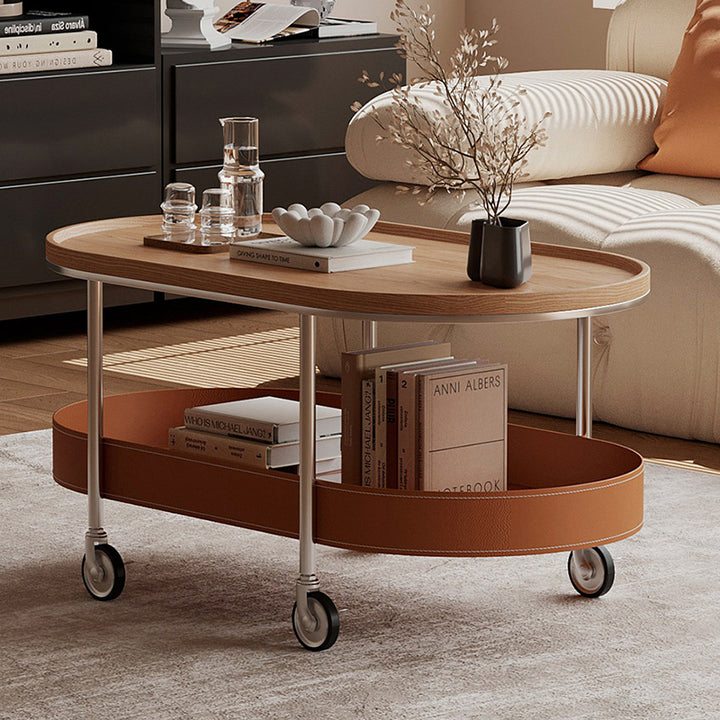 Zeitgenössischer skandinavischer ovaler Couchtisch aus Edelstahl mit Sattelleder und PVC-Panel, 2-stufig, für das Wohnzimmer 