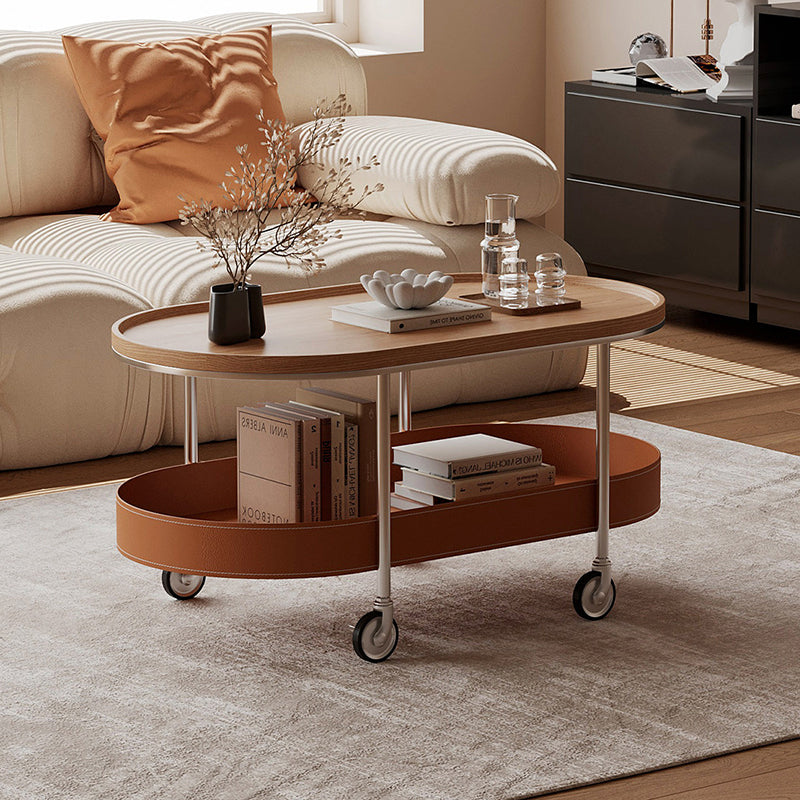 Zeitgenössischer skandinavischer ovaler Couchtisch aus Edelstahl mit Sattelleder und PVC-Panel, 2-stufig, für das Wohnzimmer 