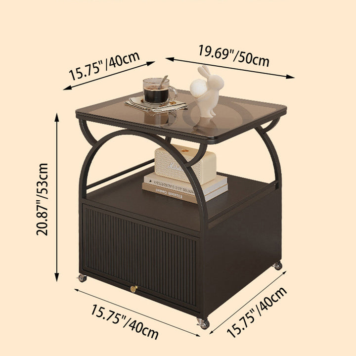 Modern Minimalist Rectangular Carbon Steel Tempered Glass Rock Slab Movable End Table 1-Cabinet For Living Room &amp; Bedroom