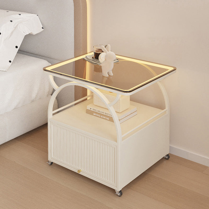 Modern Minimalist Rectangular Carbon Steel Tempered Glass Rock Slab Movable End Table 1-Cabinet For Living Room &amp; Bedroom