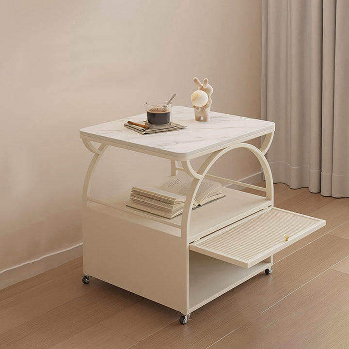 Modern Minimalist Rectangular Carbon Steel Tempered Glass Rock Slab Movable End Table 1-Cabinet For Living Room &amp; Bedroom