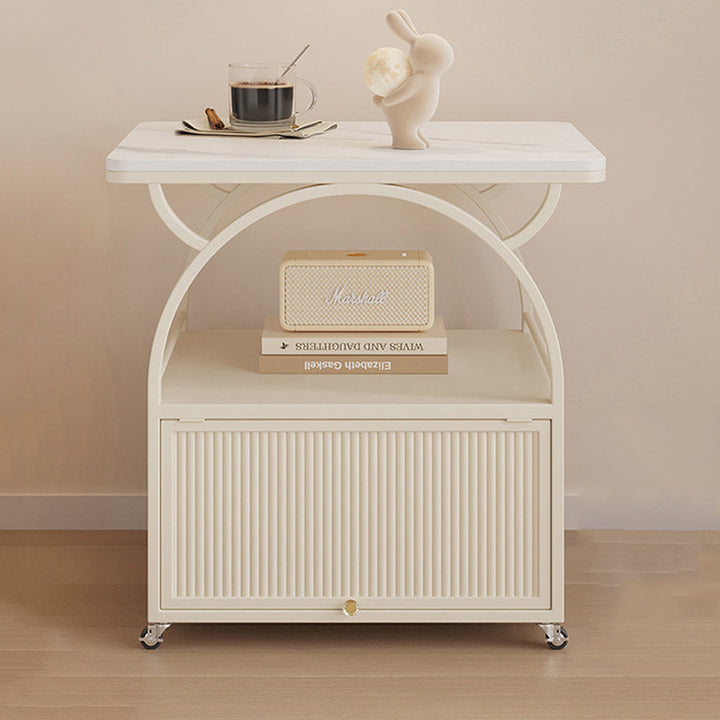 Modern Minimalist Rectangular Carbon Steel Tempered Glass Rock Slab Movable End Table 1-Cabinet For Living Room &amp; Bedroom