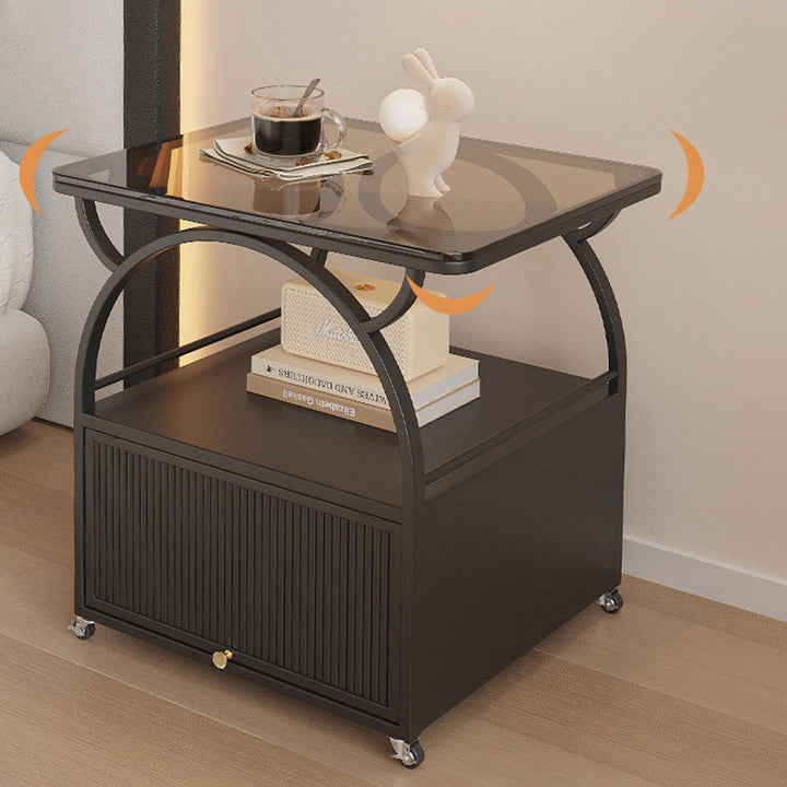 Modern Minimalist Rectangular Carbon Steel Tempered Glass Rock Slab Movable End Table 1-Cabinet For Living Room &amp; Bedroom