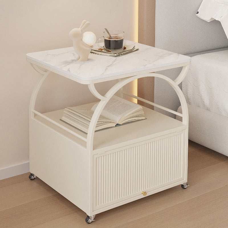 Modern Minimalist Rectangular Carbon Steel Tempered Glass Rock Slab Movable End Table 1-Cabinet For Living Room &amp; Bedroom