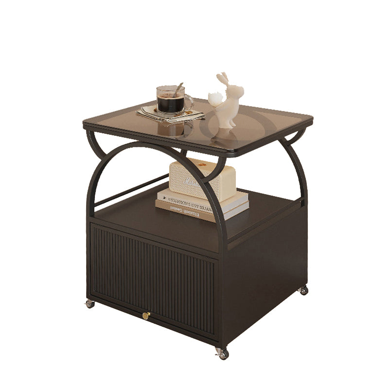 Modern Minimalist Rectangular Carbon Steel Tempered Glass Rock Slab Movable End Table 1-Cabinet For Living Room &amp; Bedroom