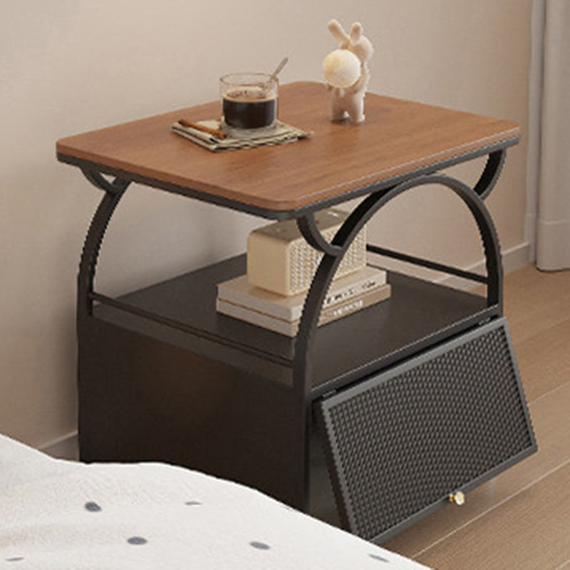 Modern Minimalist Rectangular Carbon Steel Tempered Glass Rock Slab Movable End Table 1-Cabinet For Living Room &amp; Bedroom