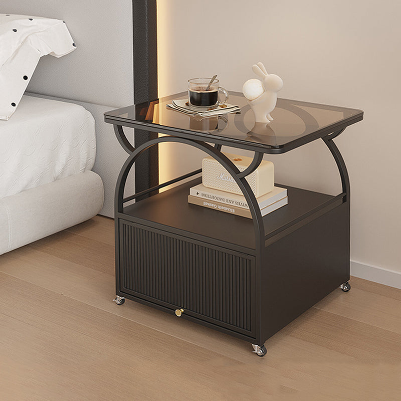 Modern Minimalist Rectangular Carbon Steel Tempered Glass Rock Slab Movable End Table 1-Cabinet For Living Room &amp; Bedroom