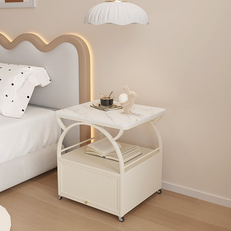 Modern Minimalist Rectangular Carbon Steel Tempered Glass Rock Slab Movable End Table 1-Cabinet For Living Room &amp; Bedroom