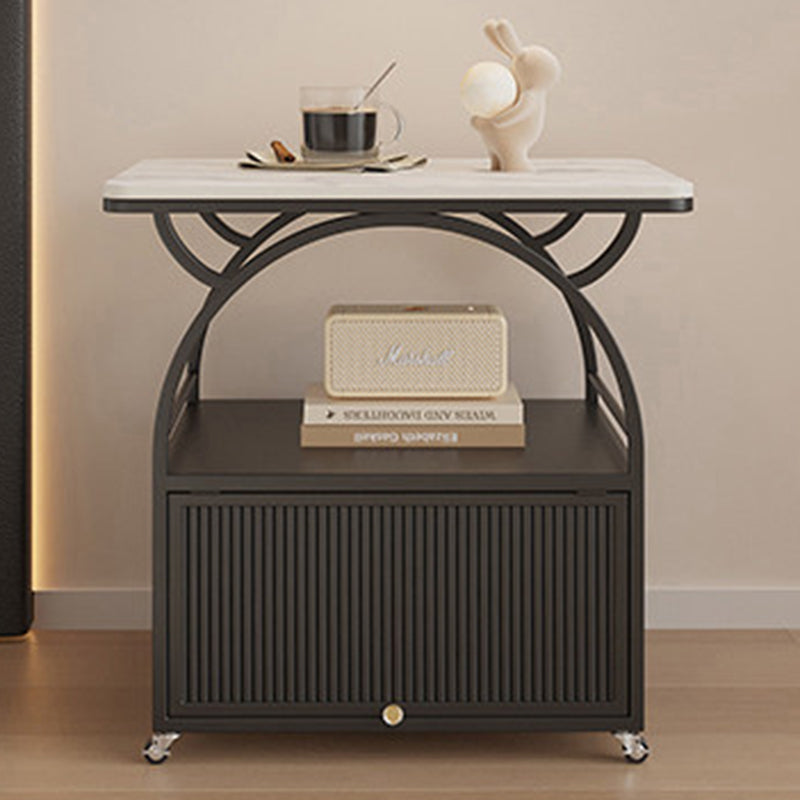 Modern Minimalist Rectangular Carbon Steel Tempered Glass Rock Slab Movable End Table 1-Cabinet For Living Room &amp; Bedroom