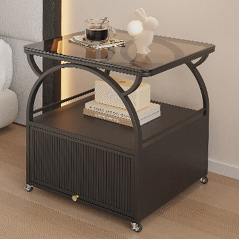 Modern Minimalist Rectangular Carbon Steel Tempered Glass Rock Slab Movable End Table 1-Cabinet For Living Room &amp; Bedroom