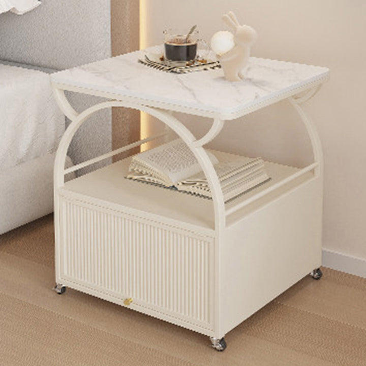 Modern Minimalist Rectangular Carbon Steel Tempered Glass Rock Slab Movable End Table 1-Cabinet For Living Room &amp; Bedroom