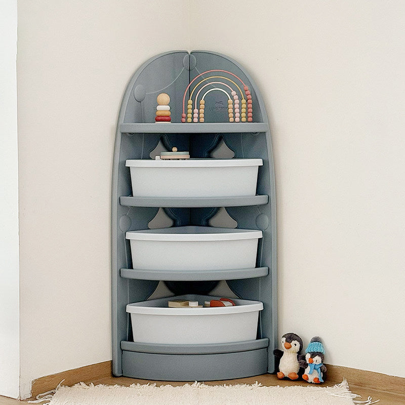 Estante de almacenamiento en esquina para niños en forma de abanico de 4 niveles de HDPE PP plástico ecológico minimalista moderno para sala de estar y estudio 