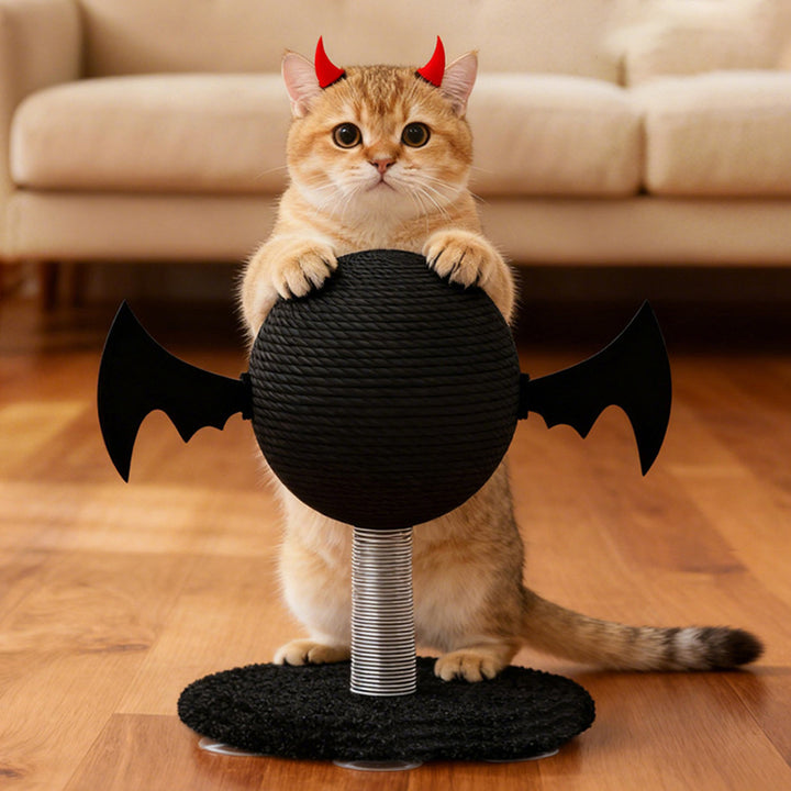 Griffoir pour chat avec poteau à gratter, diable cartoon créatif contemporain, chauve-souris, corde de chanvre, monté sur ressort, 1 pièce pour salon 