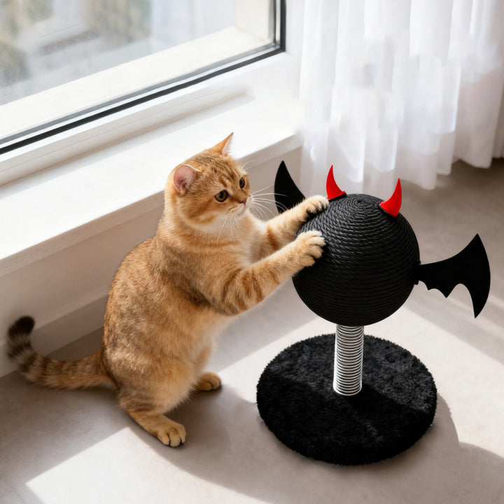 Griffoir pour chat avec poteau à gratter, diable cartoon créatif contemporain, chauve-souris, corde de chanvre, monté sur ressort, 1 pièce pour salon 