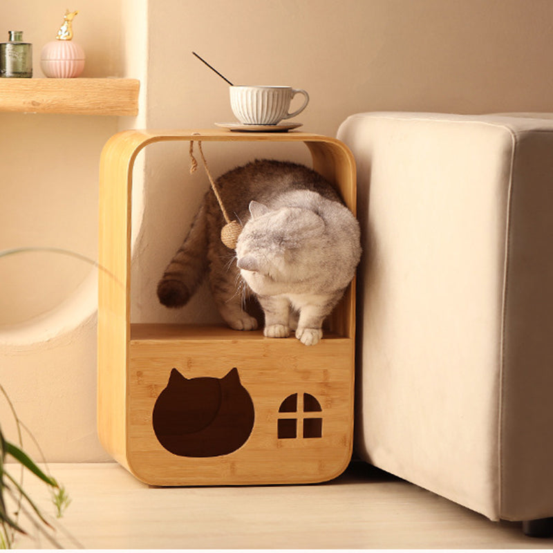 Lit pour chat rectangulaire minimaliste moderne en bambou, multifonctionnel, avec 1 ouverture, pour salon 