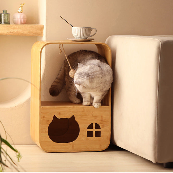 Lit pour chat rectangulaire minimaliste moderne en bambou, multifonctionnel, avec 1 ouverture, pour salon 