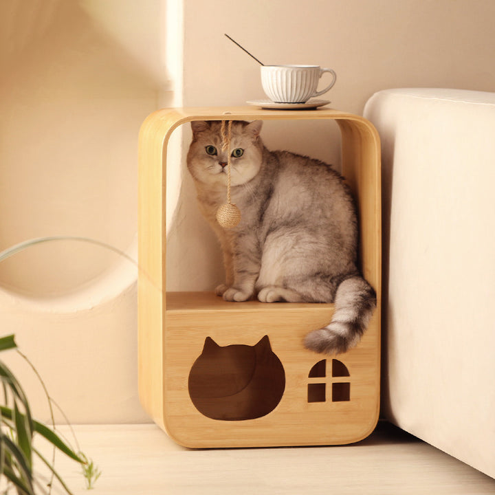 Lit pour chat rectangulaire minimaliste moderne en bambou, multifonctionnel, avec 1 ouverture, pour salon 