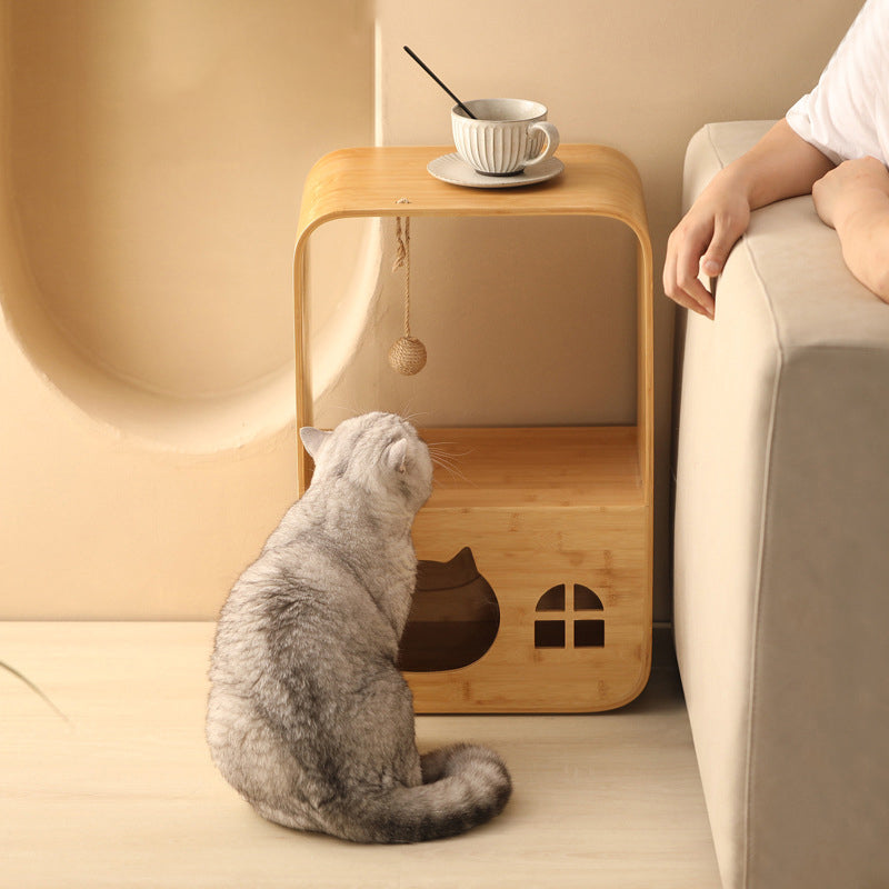 Lit pour chat rectangulaire minimaliste moderne en bambou, multifonctionnel, avec 1 ouverture, pour salon 