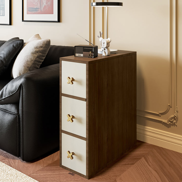 Gabinete de almacenamiento lateral contemporáneo retro estrecho rectangular de madera de pino maciza con cuero de microfibra de 3 cajones para sala de estar 