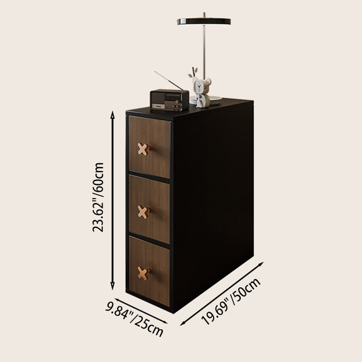 Gabinete de almacenamiento lateral contemporáneo retro estrecho rectangular de madera de pino maciza con cuero de microfibra de 3 cajones para sala de estar 