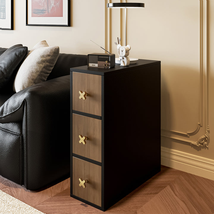 Gabinete de almacenamiento lateral contemporáneo retro estrecho rectangular de madera de pino maciza con cuero de microfibra de 3 cajones para sala de estar 