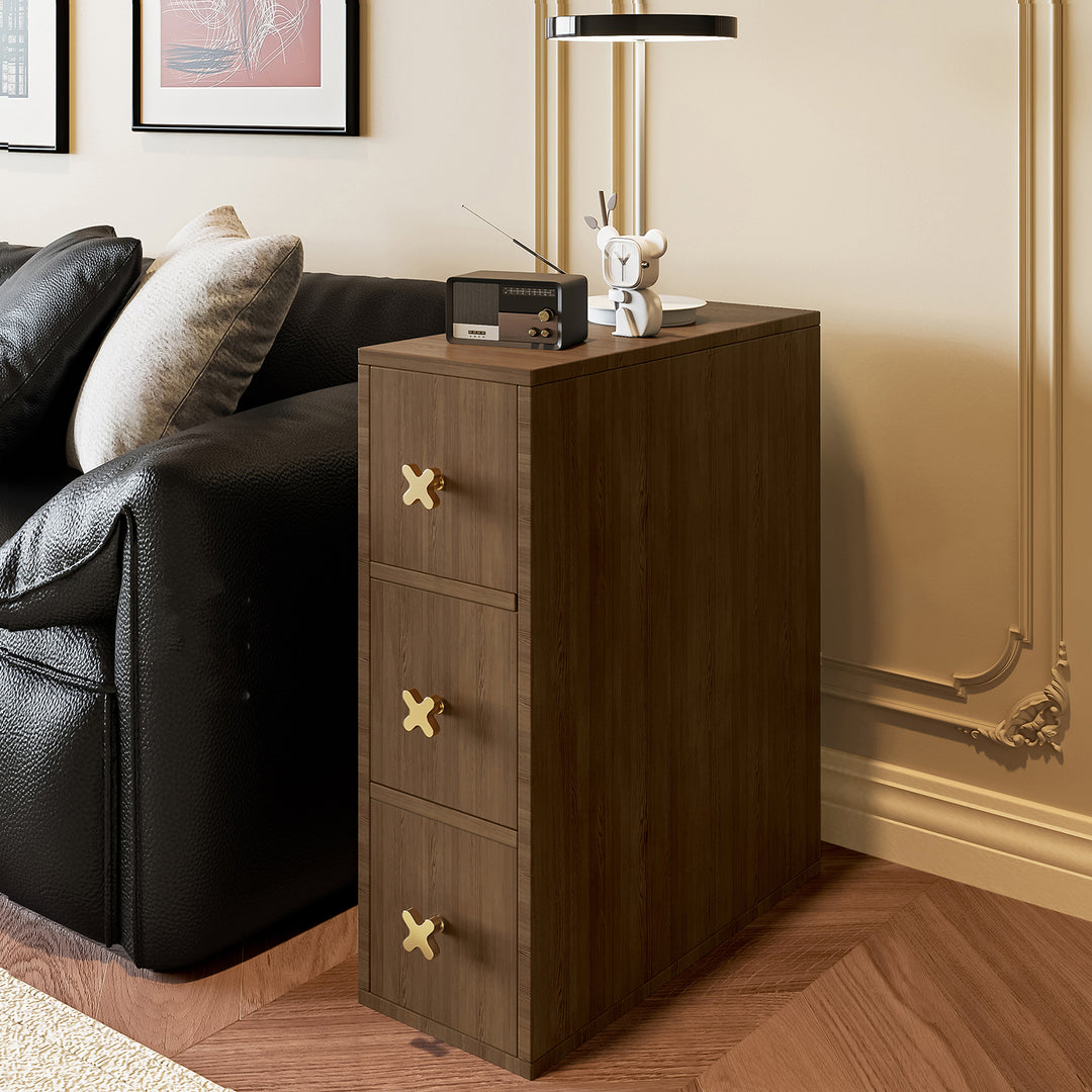 Gabinete de almacenamiento lateral contemporáneo retro estrecho rectangular de madera de pino maciza con cuero de microfibra de 3 cajones para sala de estar 