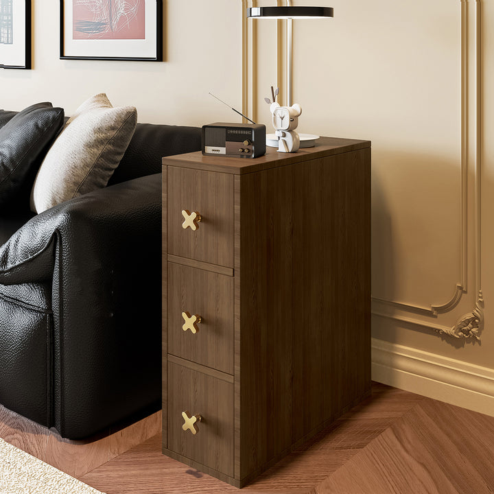 Gabinete de almacenamiento lateral contemporáneo retro estrecho rectangular de madera de pino maciza con cuero de microfibra de 3 cajones para sala de estar 
