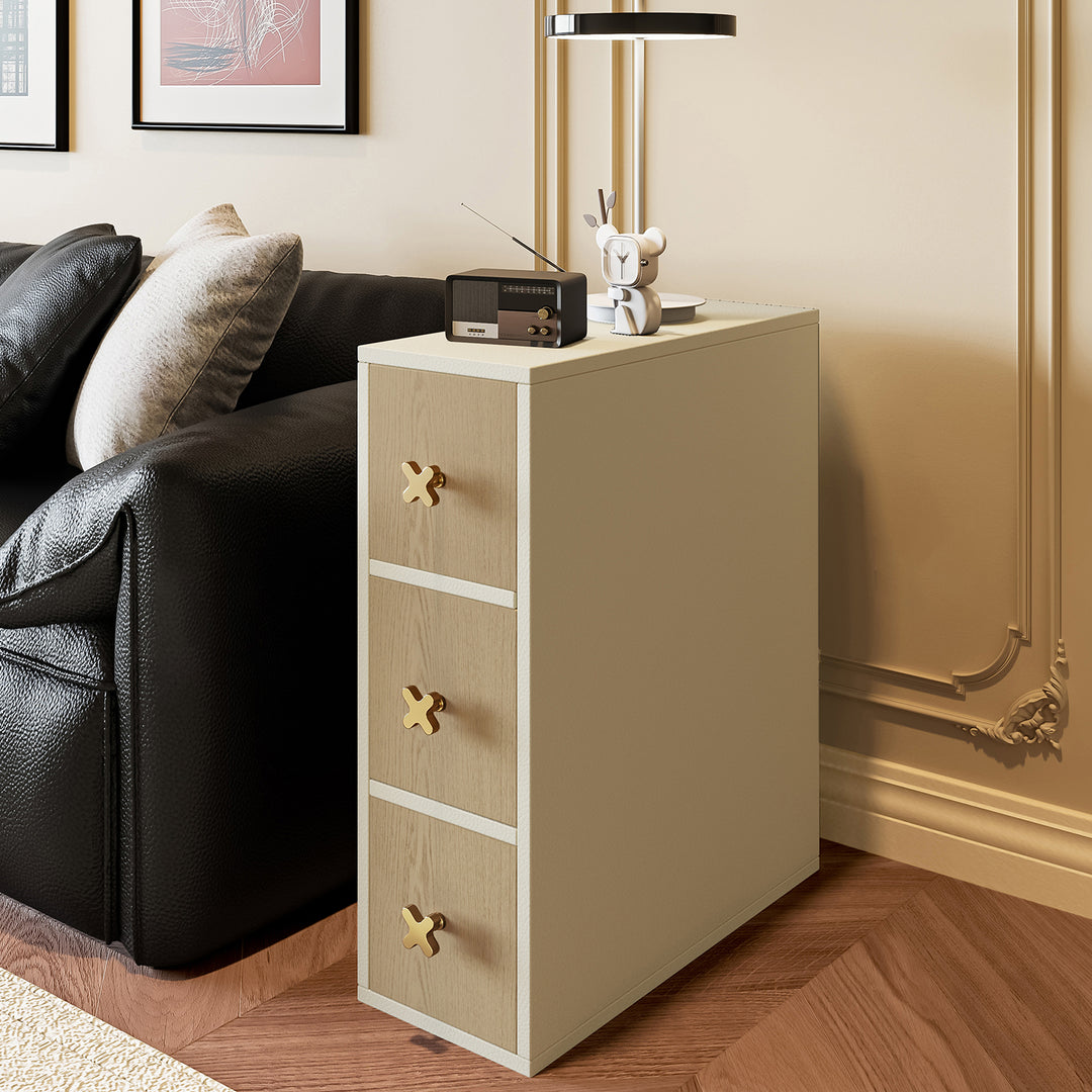 Gabinete de almacenamiento lateral contemporáneo retro estrecho rectangular de madera de pino maciza con cuero de microfibra de 3 cajones para sala de estar 