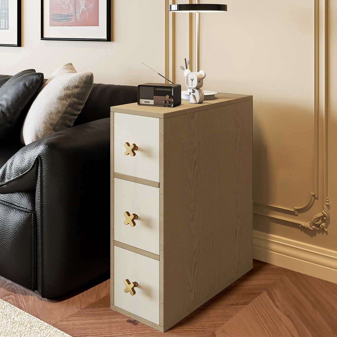 Gabinete de almacenamiento lateral contemporáneo retro estrecho rectangular de madera de pino maciza con cuero de microfibra de 3 cajones para sala de estar 