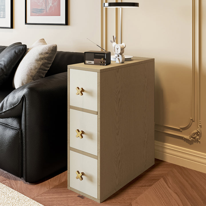 Gabinete de almacenamiento lateral contemporáneo retro estrecho rectangular de madera de pino maciza con cuero de microfibra de 3 cajones para sala de estar 