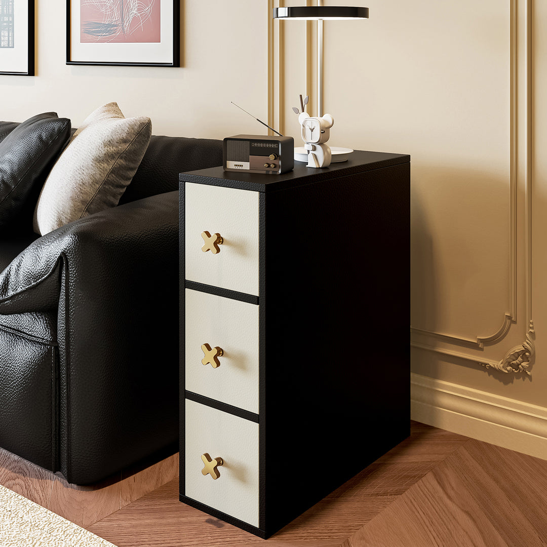 Gabinete de almacenamiento lateral contemporáneo retro estrecho rectangular de madera de pino maciza con cuero de microfibra de 3 cajones para sala de estar 