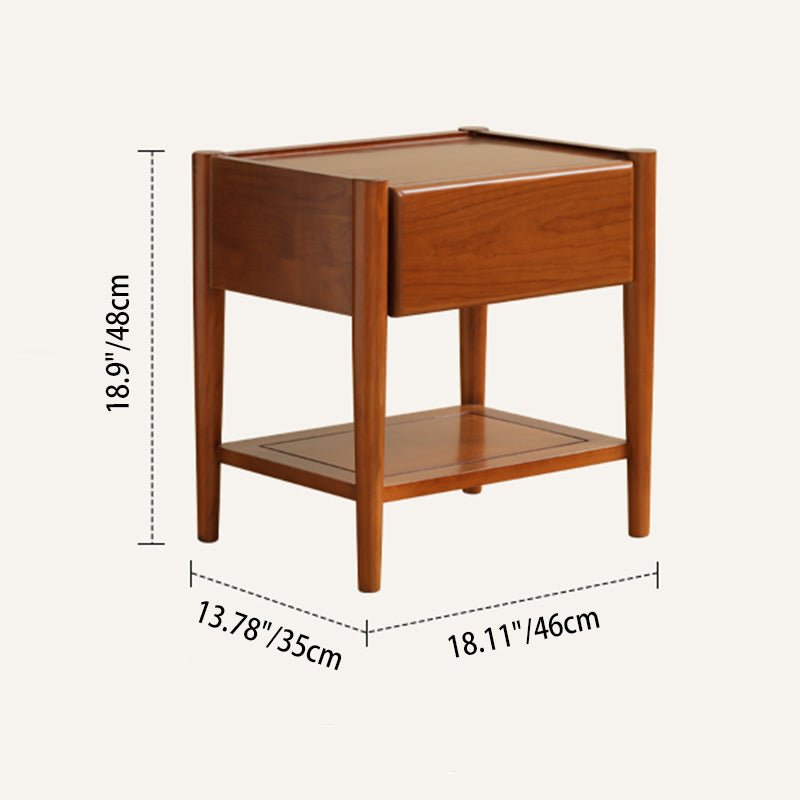 Modern Mid-Century Cherry Wood Paulownia Wood Metal Rectangular Nightstand 1-Drawer For Bedroom