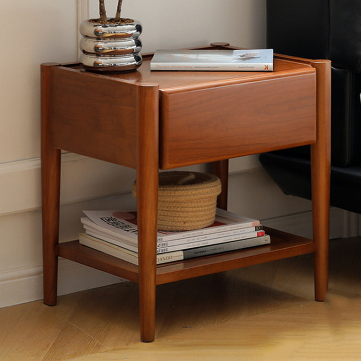 Modern Mid-Century Cherry Wood Paulownia Wood Metal Rectangular Nightstand 1-Drawer For Bedroom