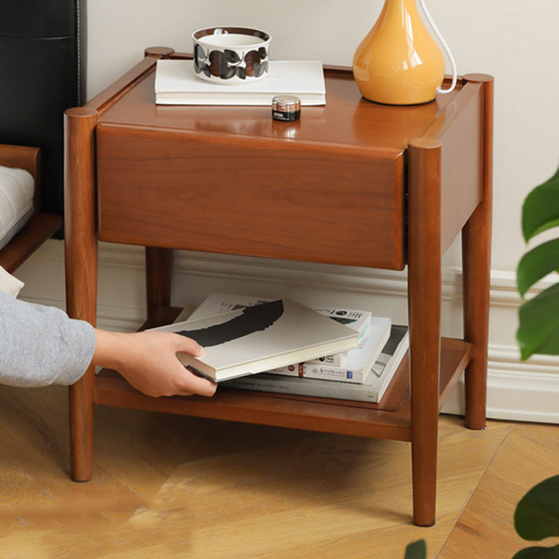 Modern Mid-Century Cherry Wood Paulownia Wood Metal Rectangular Nightstand 1-Drawer For Bedroom