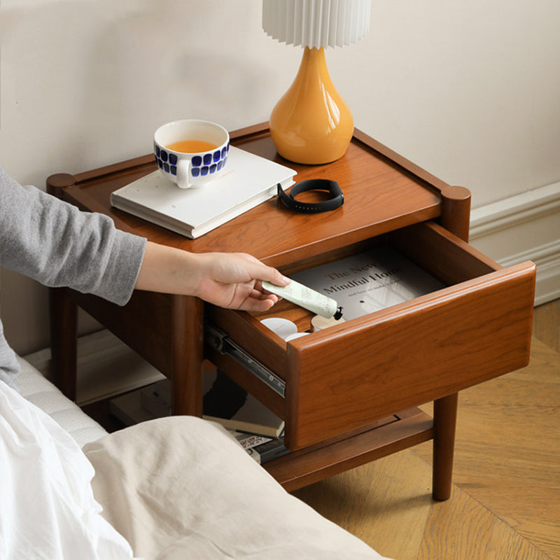 Modern Mid-Century Cherry Wood Paulownia Wood Metal Rectangular Nightstand 1-Drawer For Bedroom