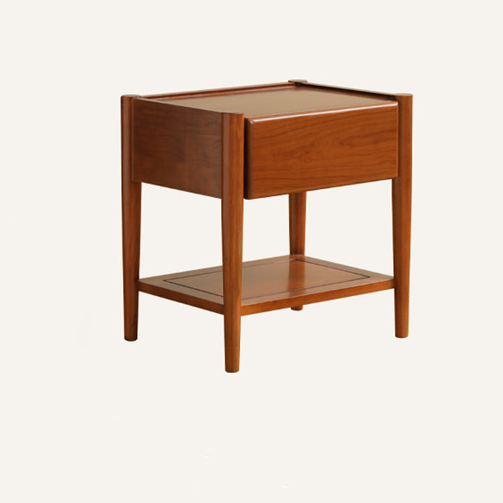 Modern Mid-Century Cherry Wood Paulownia Wood Metal Rectangular Nightstand 1-Drawer For Bedroom