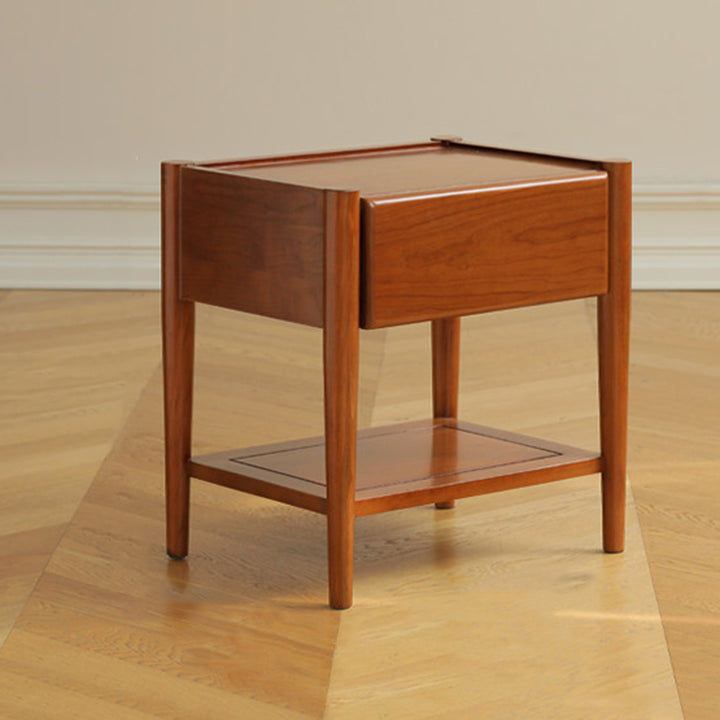 Modern Mid-Century Cherry Wood Paulownia Wood Metal Rectangular Nightstand 1-Drawer For Bedroom
